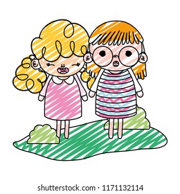 doodle happy girls children with bushes in the landscape