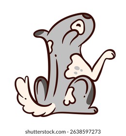 Doodle happy grey dog with beige spots, scratching itself with a paw raised. Cute cartoon dog is sitting, playful, and cheerful. Vector illustration for sticker of pet or fun mascot.