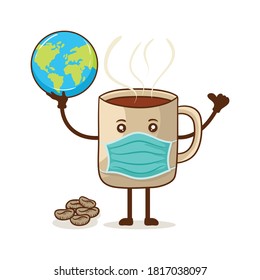 Doodle Happy international day of coffee, A cup of coffee wearing medical mask and holding a globe vector illustration