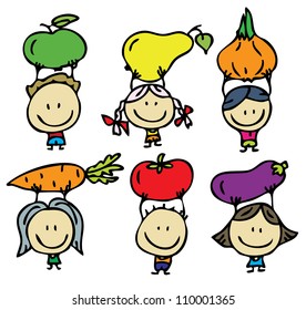 Doodle happy kids with fresh fruits and vegetables