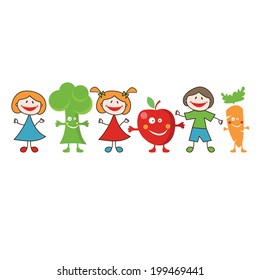 Doodle happy kids with fresh fruits and vegetables 