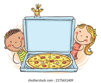 Doodle happy kids with pizza with a blank space for your text or image