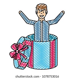 doodle happy man inside present gift with ribbon bow