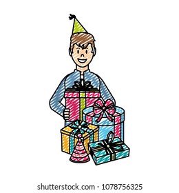 doodle happy man with presents and party hat