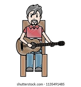 doodle happy musician sitting to play guitar