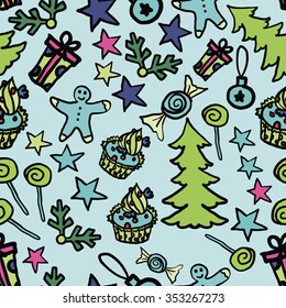 Doodle happy new year seamless pattern with spruce, ginger bread man, present, cake, candy, star. Festival wrapping paper, wallpaper. Vector illustration.