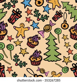 Doodle happy new year seamless pattern with spruce, ginger bread man, present, cake, candy, star. Festival wrapping paper, wallpaper. Vector illustration.