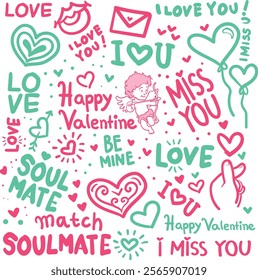 a doodle happy valentine pink and green background