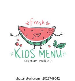 Doodle of happy watermelon slice. Fresh fruit with funny face. Colorful template for children menu for restaurants and cafes. Premium quality of products. Hand drawn layout. Vector illustration