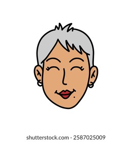 Doodle happy Woman with gray short hair. Vector hand drawn color illustration. International Womens Day