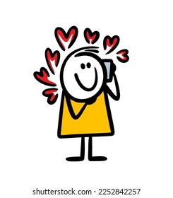 Doodle happy woman  talking on the phone and receives a declaration of love with many hearts signs. Vector illustration of a stickman in love.