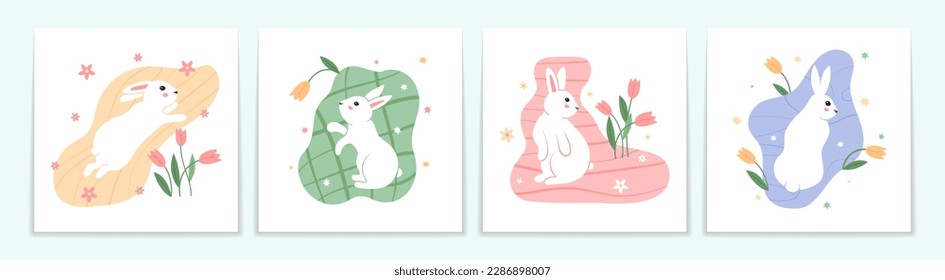 Doodle hare cards, white rabbit with spring flowers, cute bunny. Mascot for horoscope or astrology, vintage engraved posters, easter cards, adorable animal. Vector utter abstract prints