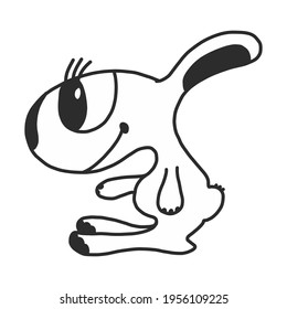 The doodle hare. Vector illustration. a simple drawing of a white dog with black spots. a cartoon character. for the design of mugs, T-shirts, children s books and games.