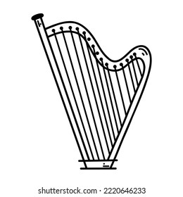 Doodle harp. Vector sketch illustration of musical instrument, black outline art for web design, icon, print, coloring page.