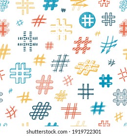 Doodle Hashtag Icons Multicolor Seamless Pattern. Repeat Colorful Background With Hand Drawn Hash Tag Symbols. Social Media Signs. Vector Illustration