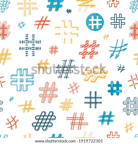 Doodle Hashtag Icons Multicolor Seamless Pattern. Repeat Colorful Background with Hand Drawn Hash Tag Symbols. Social Media Signs. Vector illustration