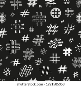 Doodle Hashtag Icons Seamless Pattern. Repeat Black And White Background With Hand Drawn Hash Tag Symbols. Social Media Signs. Vector Illustration