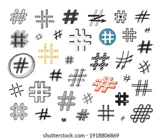 Juego de iconos de la etiqueta Doodle. Símbolos Hash dibujados a mano. Señales de medios sociales. Ilustración del vector