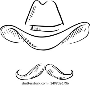 Doodle Hat  And Mustaches, Cowboy Style. Vector Illustration