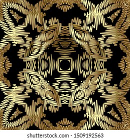 Doodle hatched textured gold vector semless pattern. Ornate abstract tapestry background. Embroidery style zigzag lines, stitching, stripes. Grunge endless texture. Floral modern surface design.