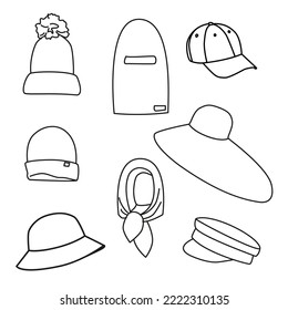 Doodle hats, badges, female headwear icons. Fashion linear drawing.