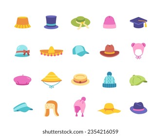 Doodle hats and caps icons set. Colorful stickers with headdress and headgear, summer visor, gentleman bowler and beret, vintage fedora and beanie. Cartoon flat vector isolated on white background