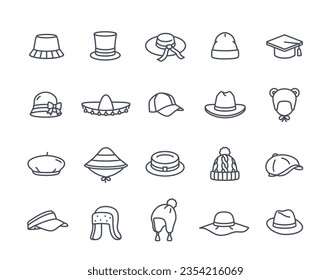 Iconos de gorros y gorras de perro. Sombreros de contorno con gorra de béisbol y vizor de sol, sartenes y boinas para niños, panama de verano y bowler para caballeros. Colección lineal vectorial aislada en fondo blanco