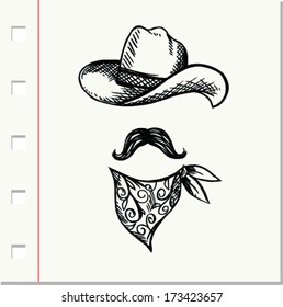 Doodle Hat,scarf and mustache, cowboy style