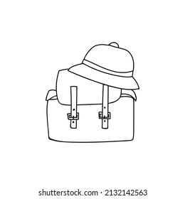 Doodle Haversack With Bucket Hat Icon In Vector. Hand Drawn Haversack With Bucket Hat Icon In Vector