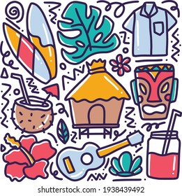 doodle of hawaii collection hand drawing with icons and design elements