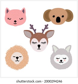 Doodle head animals set icon isolated on white. Cartoon vector stock illustration. EPS 10