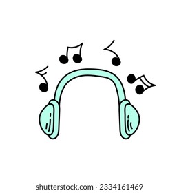 Doodle Headphones with music notes. Hand drawn earphones. Vector illustration on white background