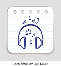 Doodle Headphones with Notes icon. Blue pen hand drawn infographic symbol on a notepaper piece. Line art style graphic design element. Web button with shadow. Listening to music, DJ work concept. 
