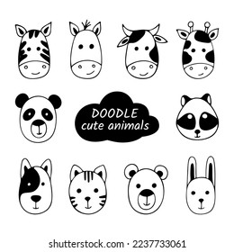 Doodle of heads cute animals set. Hand drawn vector illustration of bear, horse, zebra, hare, cow, cat, dog, giraffe, panda and raccoon. Childish design elements isolated on white background.