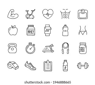 Doodle Health And Fitness Icons. Hand Drawn Icon Set.
