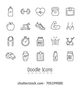 Doodle Health And Fitness Icons. Hand Drawn Icon Set.