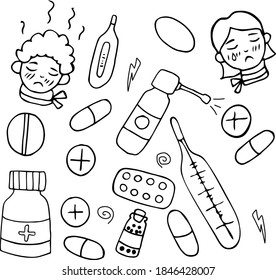 
Doodle health and illness. Hand drawn set of medicines, thermometer, sick person. Stock vector black and white line illustration isolated on white background.