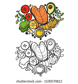 Doodle healthy food concept on heart shape, vegetables and food  vector illustration
