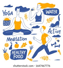 Doodle healthy  life style infographic design vector set with yoga, runner man and woman. Good for motivational nature lifestyle card or poster 