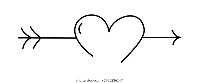 Doodle corazón con icono lindo de flecha. Símbolo del día de San Valentín. Dibujado a mano ilustración plana. Plantilla para diseños simples, tarjetas de amor, invitaciones, Plantilla, decoraciones. Logotipo de contorno negro delineado.