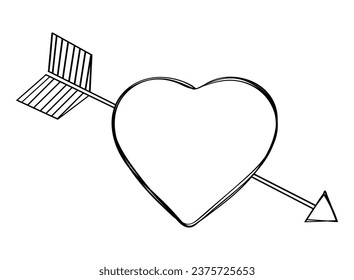 Doodle Herz mit Pfeil gezeichnet mit dünner Linie. Krummelnde runde Herzform Vektor. Valentinstag-Einladungskarte, Illustration.