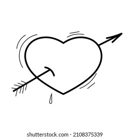 Doodle heart with arrow. Hand drawn line valentine heart. Valentine's Day, love. Stock vector doodle illustration isolated on a white background.