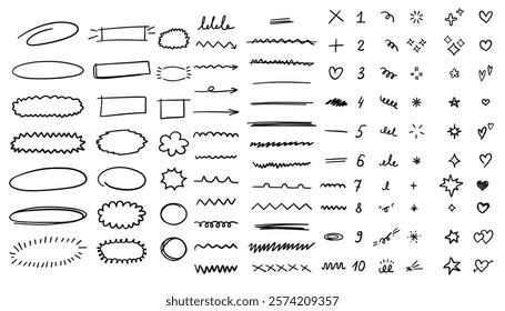 Doodle heart, arrow, star, sparkle decoration symbol set icon. Simple sketch line style emphasis, attention, pattern elements. Vector illustration.