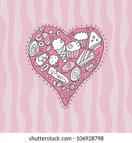 Doodle heart background with cookies and sweets