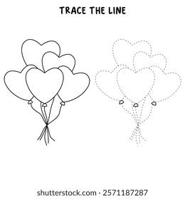 Doodle heart balloons valentine day clipart vector. Heart balloons coloring pages printable for valentine theme. Trace and color heart balloons. Valentine cute elements for card, poster, sticker.