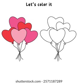 Doodle heart balloons valentine day clipart vector. Heart balloons coloring pages printable for valentine theme. Trace and color heart balloons. Valentine cute elements for card, poster, sticker.