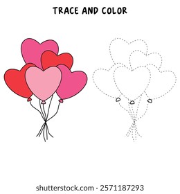 Doodle heart balloons valentine day clipart vector. Heart balloons coloring pages printable for valentine theme. Trace and color heart balloons. Valentine cute elements for card, poster, sticker.