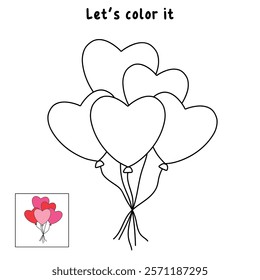 Doodle heart balloons valentine day clipart vector. Heart balloons coloring pages printable for valentine theme. Trace and color heart balloons. Valentine cute elements for card, poster, sticker.