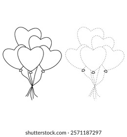 Doodle heart balloons valentine day clipart vector. Heart balloons coloring pages printable for valentine theme. Trace and color heart balloons. Valentine cute elements for card, poster, sticker.