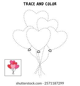 Doodle heart balloons valentine day clipart vector. Heart balloons coloring pages printable for valentine theme. Trace and color heart balloons. Valentine cute elements for card, poster, sticker.